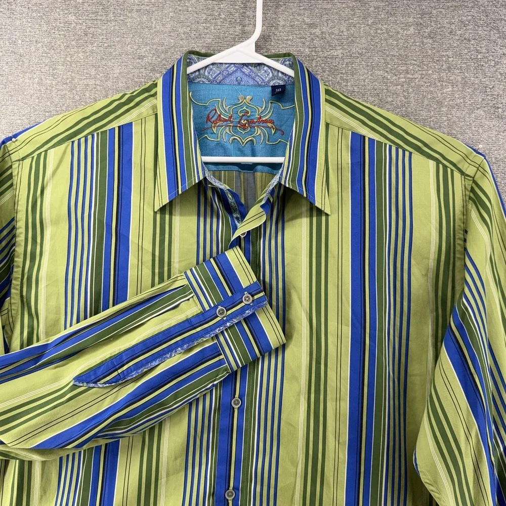 Robert Graham Shirt Men Size 3XL Green Striped Flip Cuff Button Up Paisley